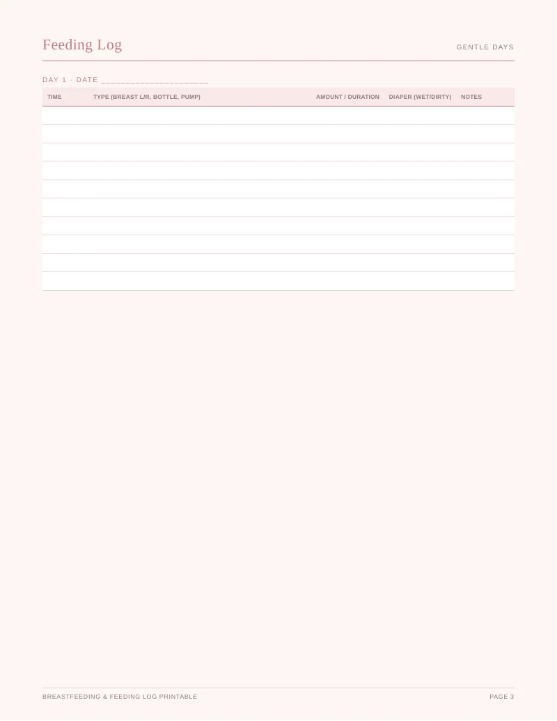 Page 3 of the Breastfeeding Log